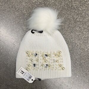 White Pom-Pom Beanie with Pearl Accents